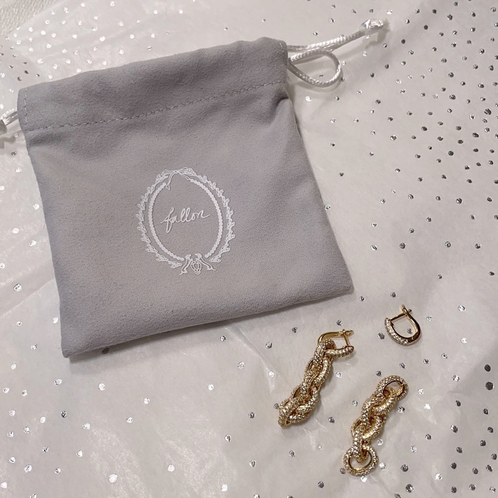 Never worn. Gold colored chain drop earrings encrusted with clear stones.